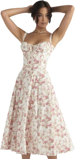 Women Flower Printed Sexy Low Cut Spaghetti Strap Dresses Chest Wrap Bowknot Leace-Up Long Dress