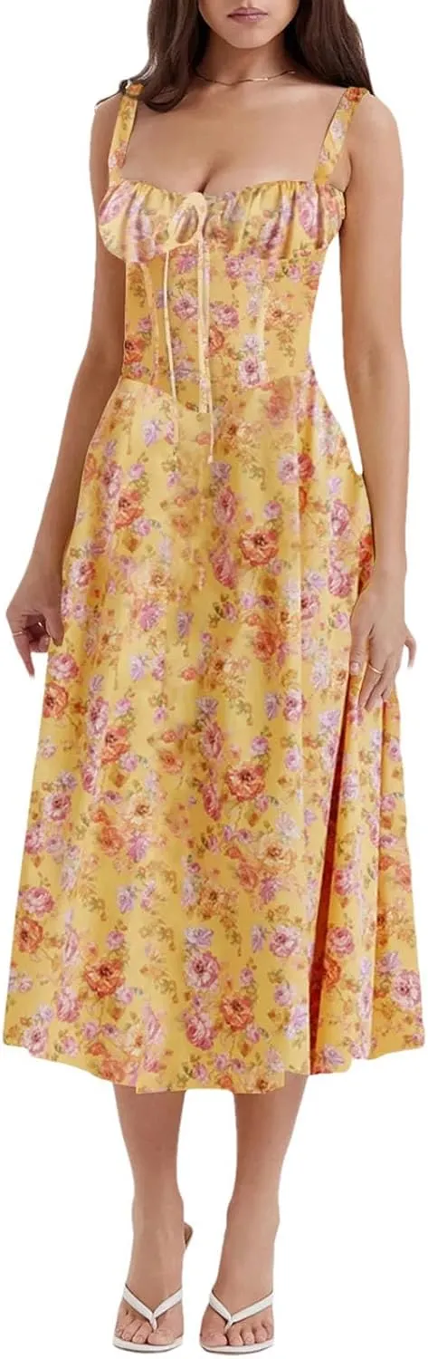 Women Flower Printed Sexy Low Cut Spaghetti Strap Dresses Chest Wrap Bowknot Leace-Up Long Dress