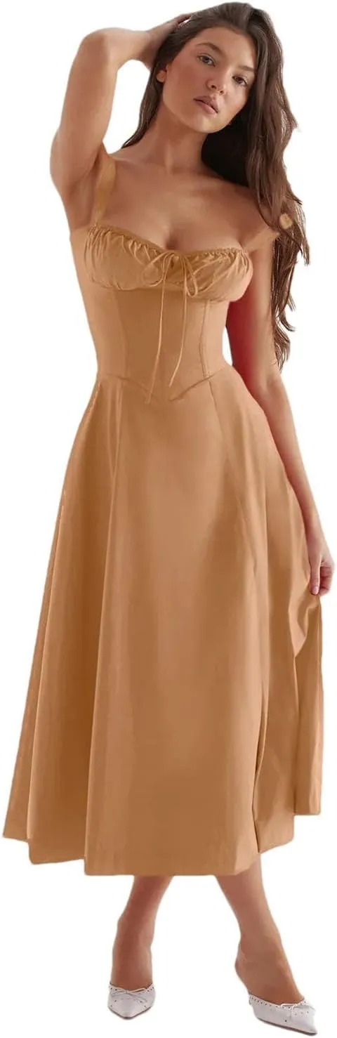 Women Flower Printed Sexy Low Cut Spaghetti Strap Dresses Chest Wrap Bowknot Leace-Up Long Dress