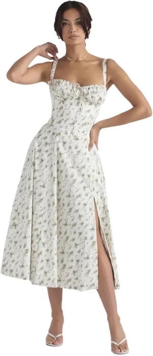 Women Flower Printed Sexy Low Cut Spaghetti Strap Dresses Chest Wrap Bowknot Leace-Up Long Dress