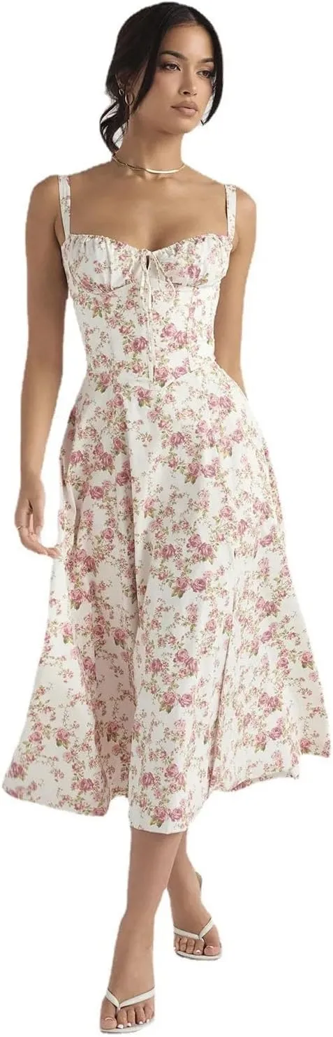 Women Flower Printed Sexy Low Cut Spaghetti Strap Dresses Chest Wrap Bowknot Leace-Up Long Dress