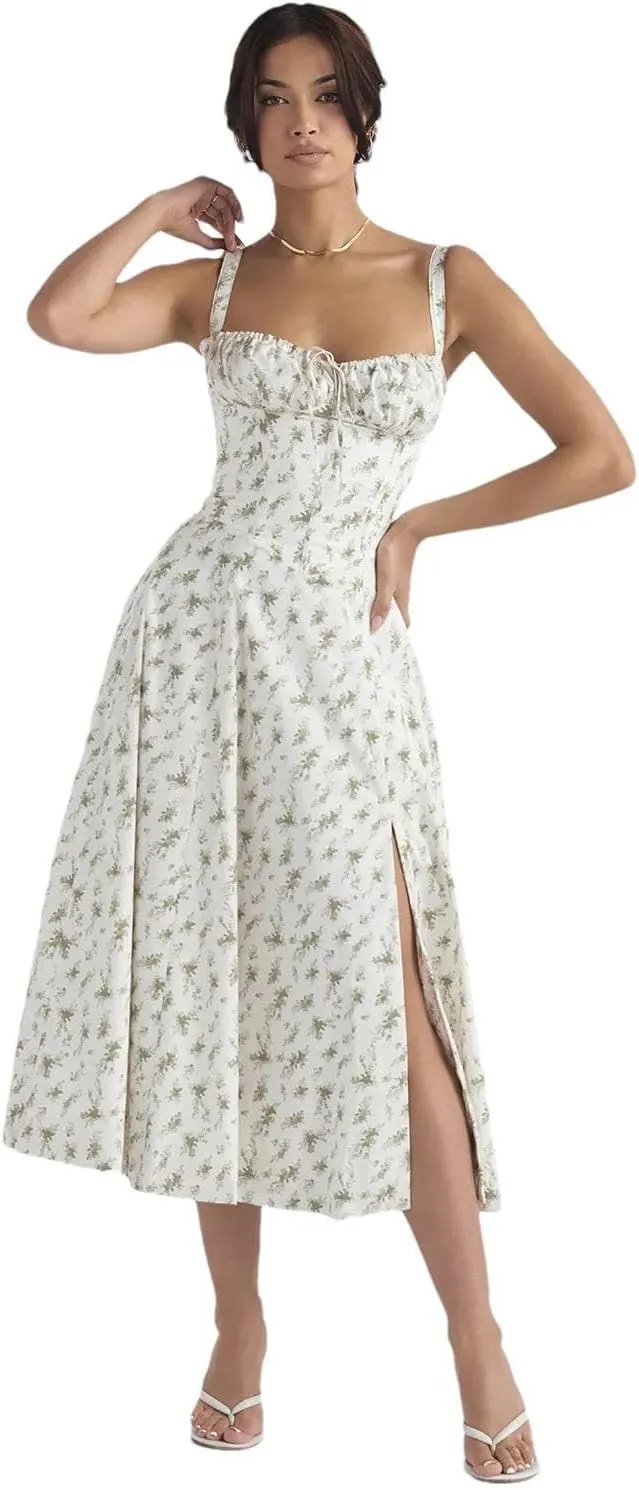 Women Flower Printed Sexy Low Cut Spaghetti Strap Dresses Chest Wrap Bowknot Leace-Up Long Dress
