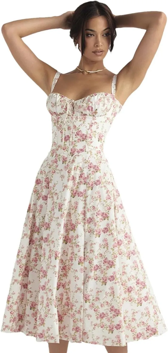 Women Flower Printed Sexy Low Cut Spaghetti Strap Dresses Chest Wrap Bowknot Leace-Up Long Dress