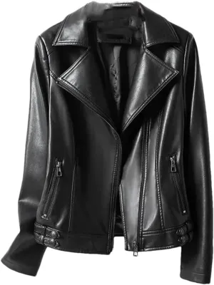 Women Lapel Collar Sleeve Leather Coats Zipper Short Moto Biker Jackets Black Sheepskin Jackets