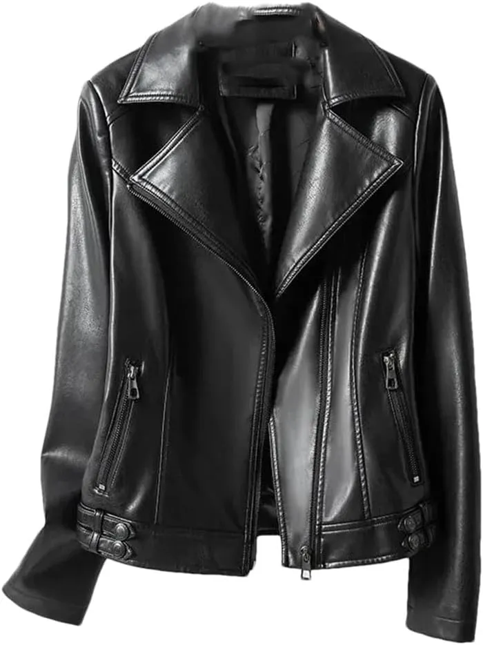 Women Lapel Collar Sleeve Leather Coats Zipper Short Moto Biker Jackets Black Sheepskin Jackets