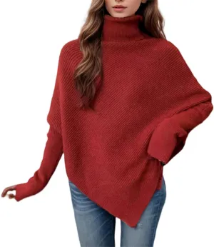 Women Long Sleeve Sweaters Turtleneck Oversized Chunky Sweaters Fall Outfits Asymmetric Hem Tops