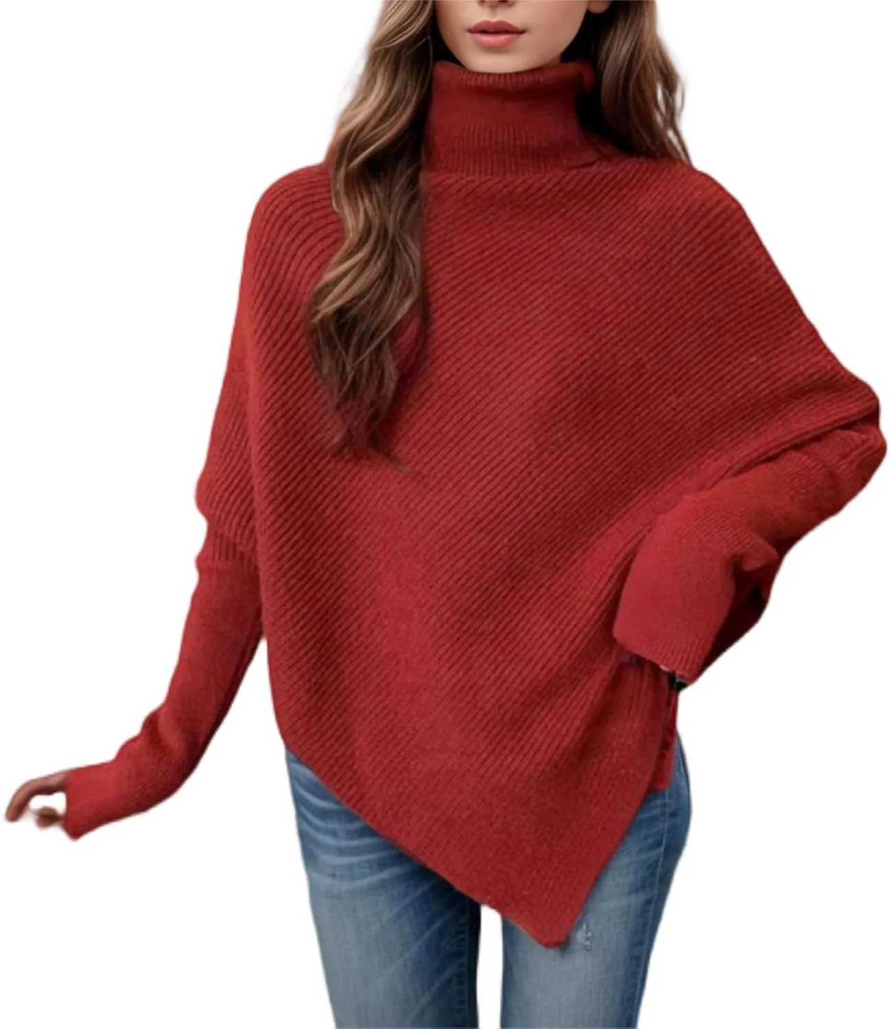 Women Long Sleeve Sweaters Turtleneck Oversized Chunky Sweaters Fall Outfits Asymmetric Hem Tops