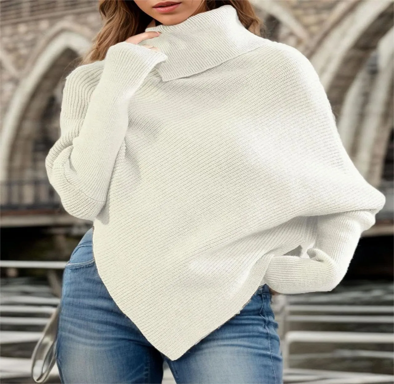 Women Long Sleeve Sweaters Turtleneck Oversized Chunky Sweaters Fall Outfits Asymmetric Hem Tops