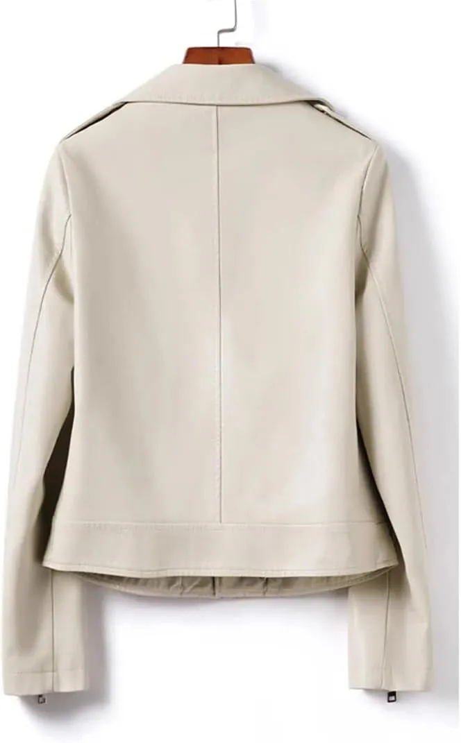 Women Moto Biker Sheep Leather Jackets Short Diagonal Zipper Real Split Sheepskin Jackets Coats