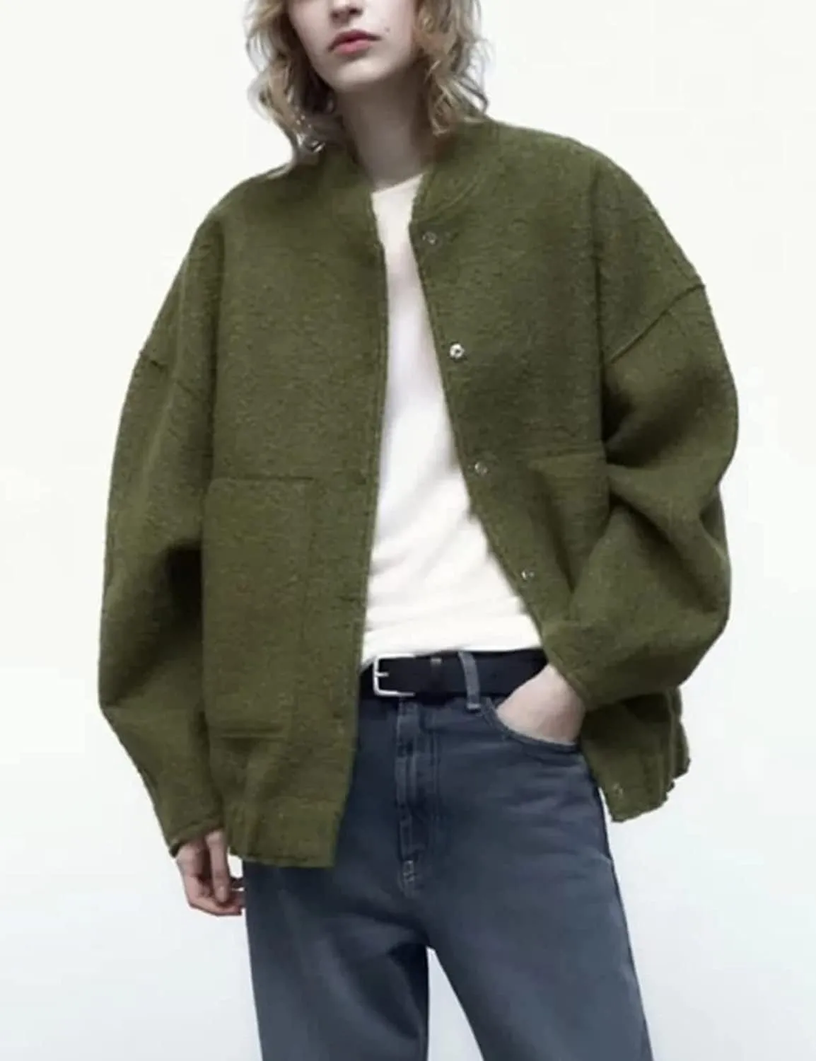 Women Oversized Long Sleeve Shacket Jackets Wool Blend Coat Button Down Outerwear Bomber Jackets