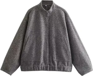 Women Oversized Long Sleeve Shacket Jackets Wool Blend Coat Button Down Outerwear Bomber Jackets