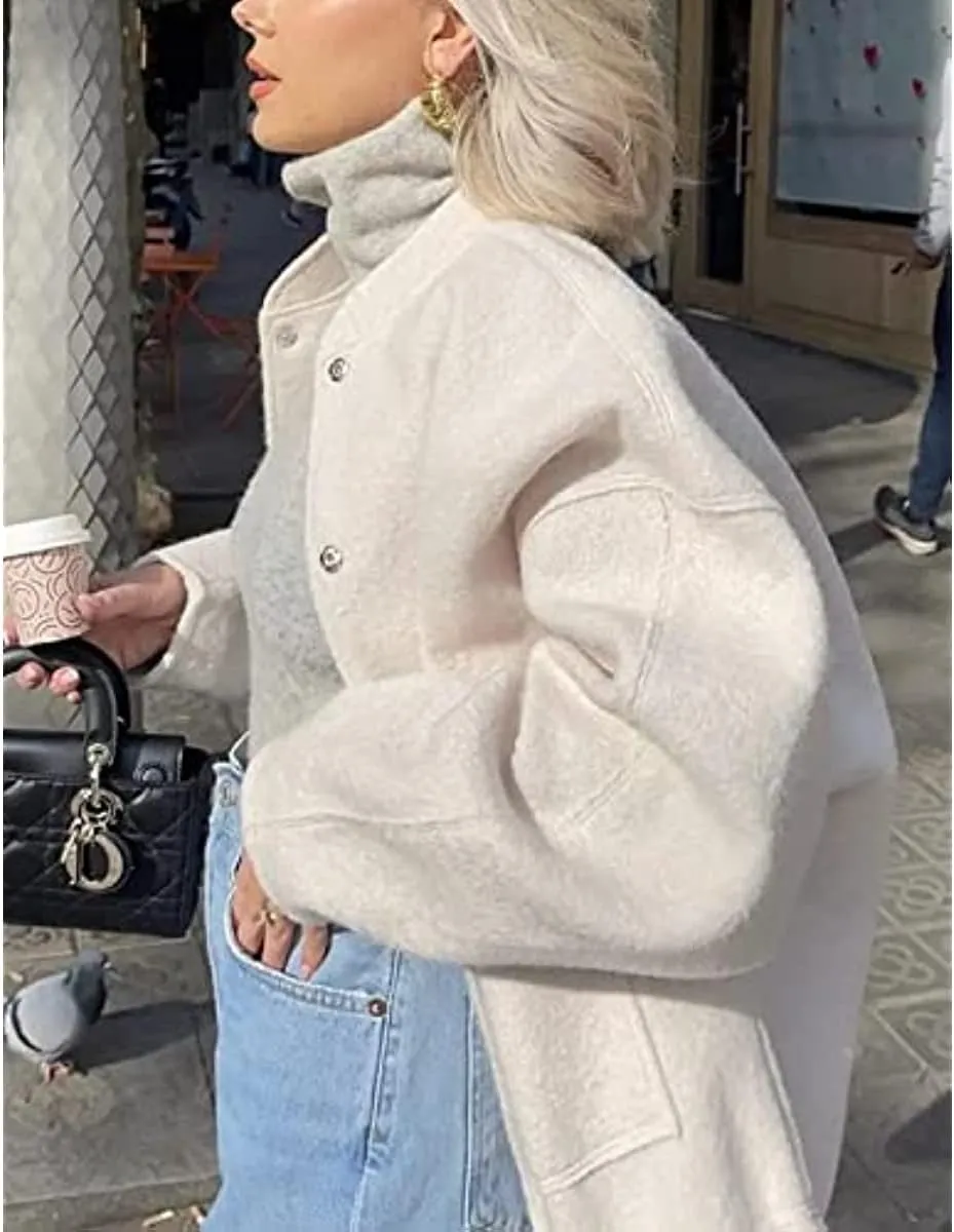 Women Oversized Long Sleeve Shacket Jackets Wool Blend Coat Button Down Outerwear Bomber Jackets