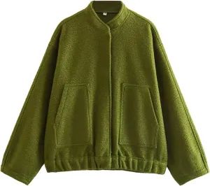 Women Oversized Long Sleeve Shacket Jackets Wool Blend Coat Button Down Outerwear Bomber Jackets