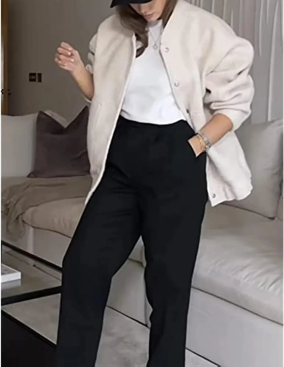 Women Oversized Long Sleeve Shacket Jackets Wool Blend Coat Button Down Outerwear Bomber Jackets