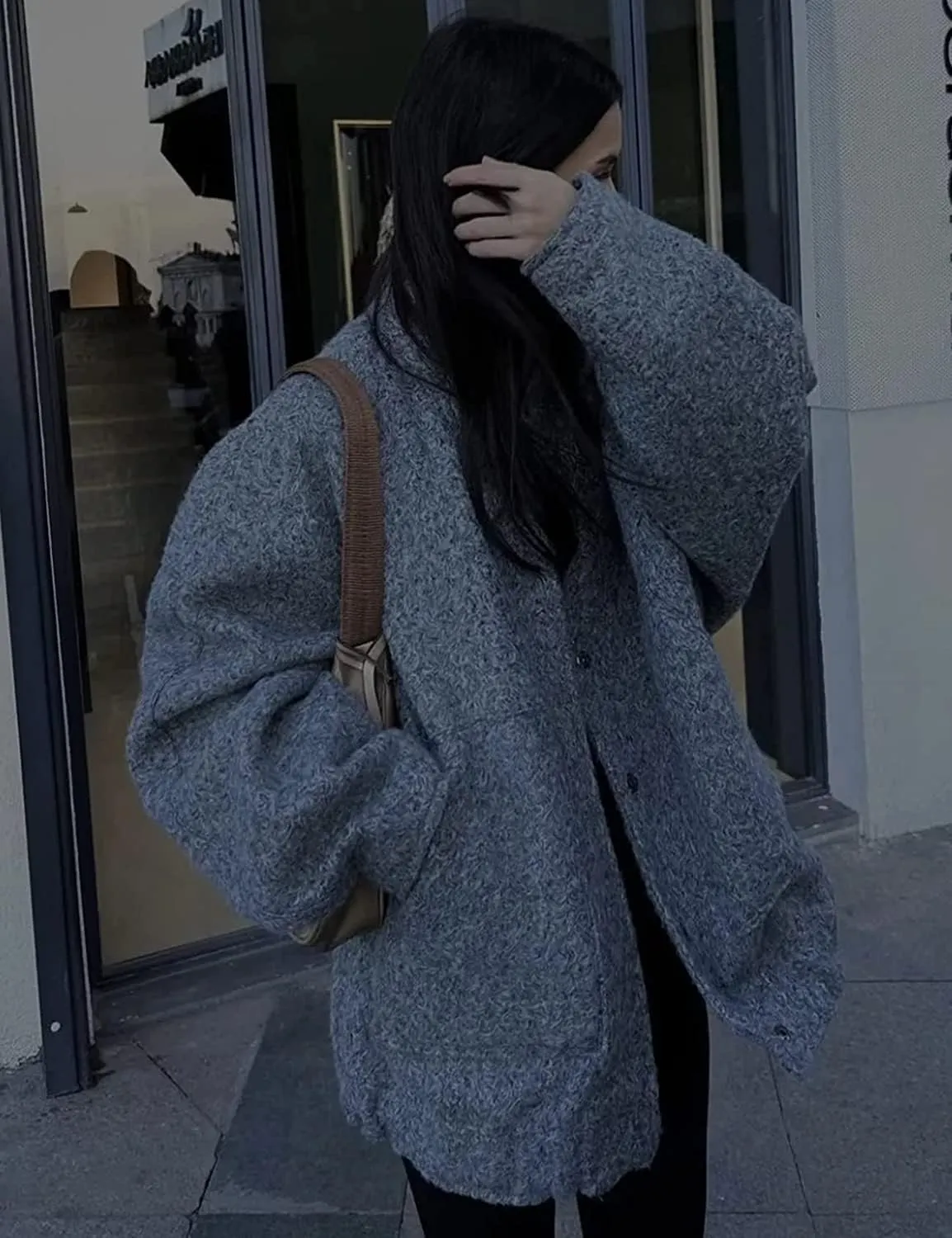 Women Oversized Long Sleeve Shacket Jackets Wool Blend Coat Button Down Outerwear Bomber Jackets