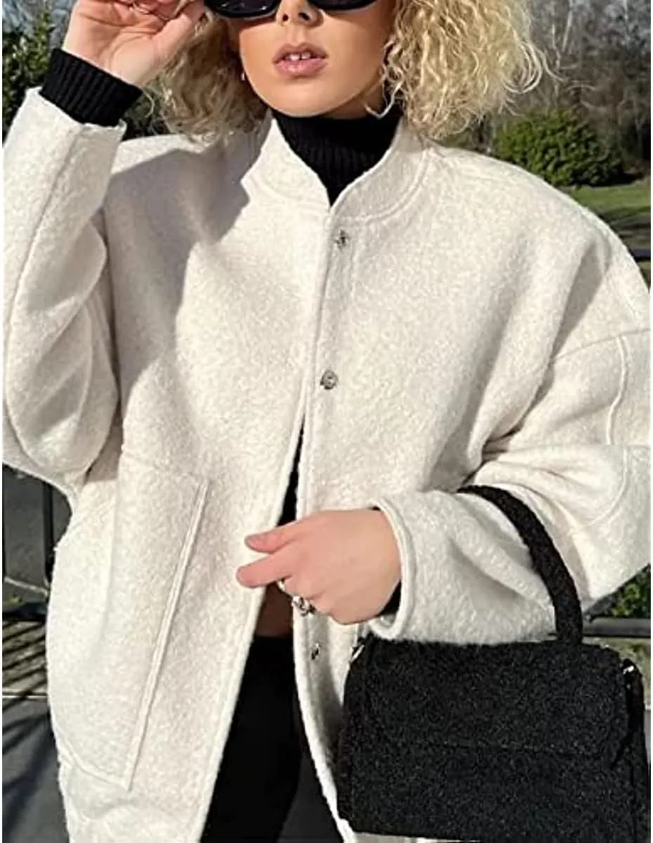 Women Oversized Long Sleeve Shacket Jackets Wool Blend Coat Button Down Outerwear Bomber Jackets