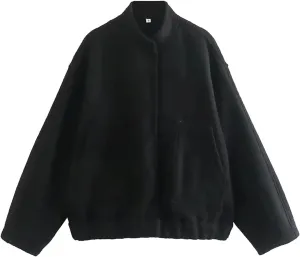 Women Oversized Long Sleeve Shacket Jackets Wool Blend Coat Button Down Outerwear Bomber Jackets