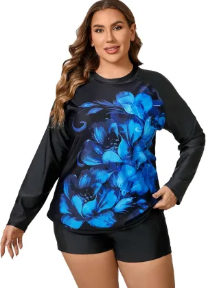 Women Plus Size Two Piece Long Sleeve Rash Guard Sets Built in Bra Swim Shirt Top and Shorts with Pockets UPF50 