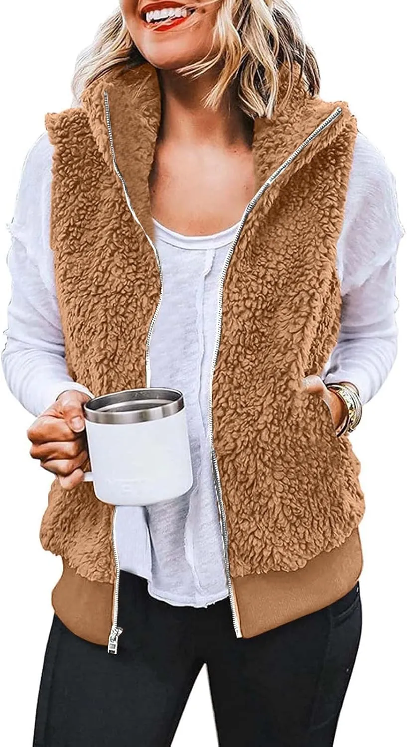 Women Plush Hooded Coats Lightweight Vest Coat Winter Outwear Zip Up Fleece Sleeveless Jacket with Pockets