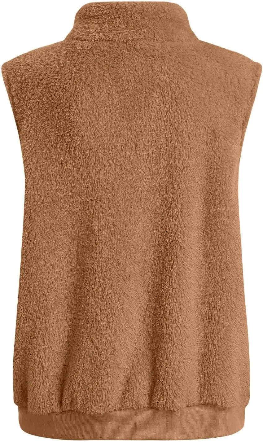 Women Plush Hooded Coats Lightweight Vest Coat Winter Outwear Zip Up Fleece Sleeveless Jacket with Pockets