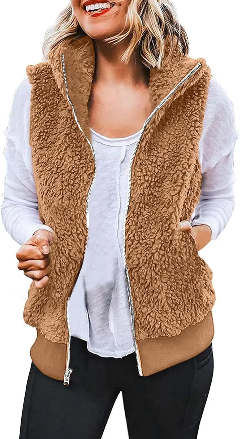 Women Plush Hooded Coats Lightweight Vest Coat Winter Outwear Zip Up Fleece Sleeveless Jacket with Pockets