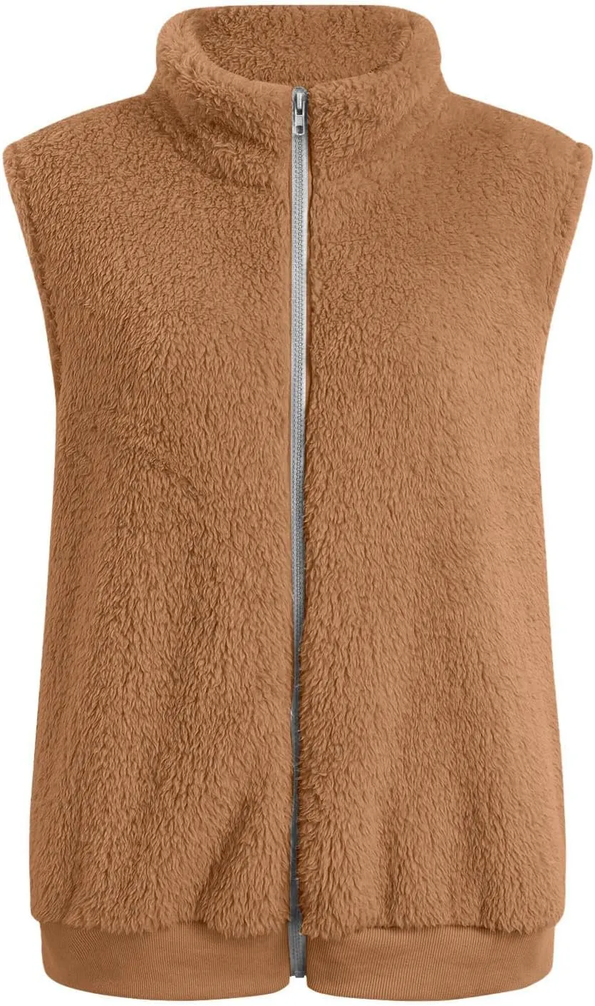 Women Plush Hooded Coats Lightweight Vest Coat Winter Outwear Zip Up Fleece Sleeveless Jacket with Pockets