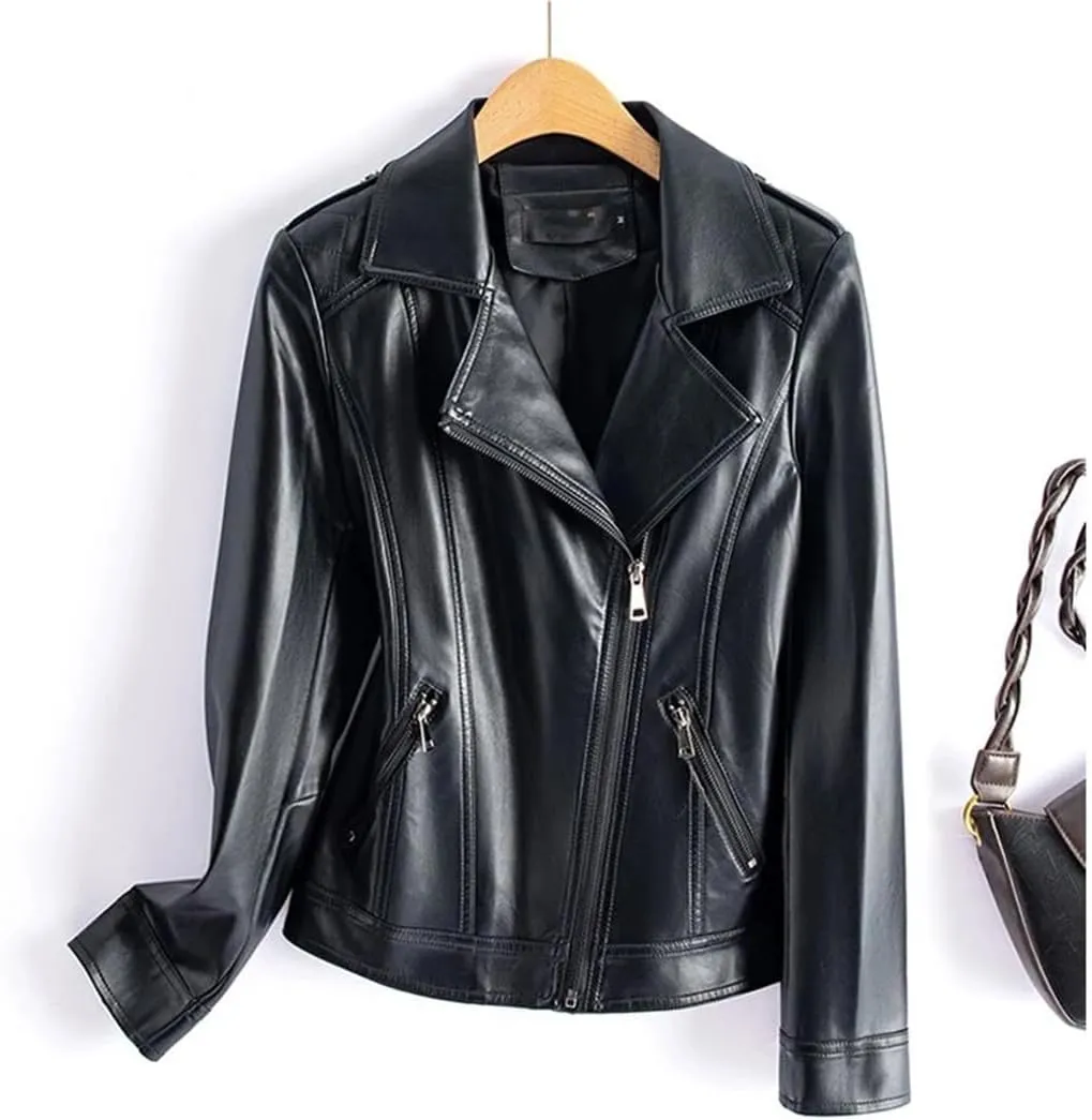 Women Red Split Sheepskin Jackets Zipper Short Full Sleeve Moto Biker Jackets Leather Coats