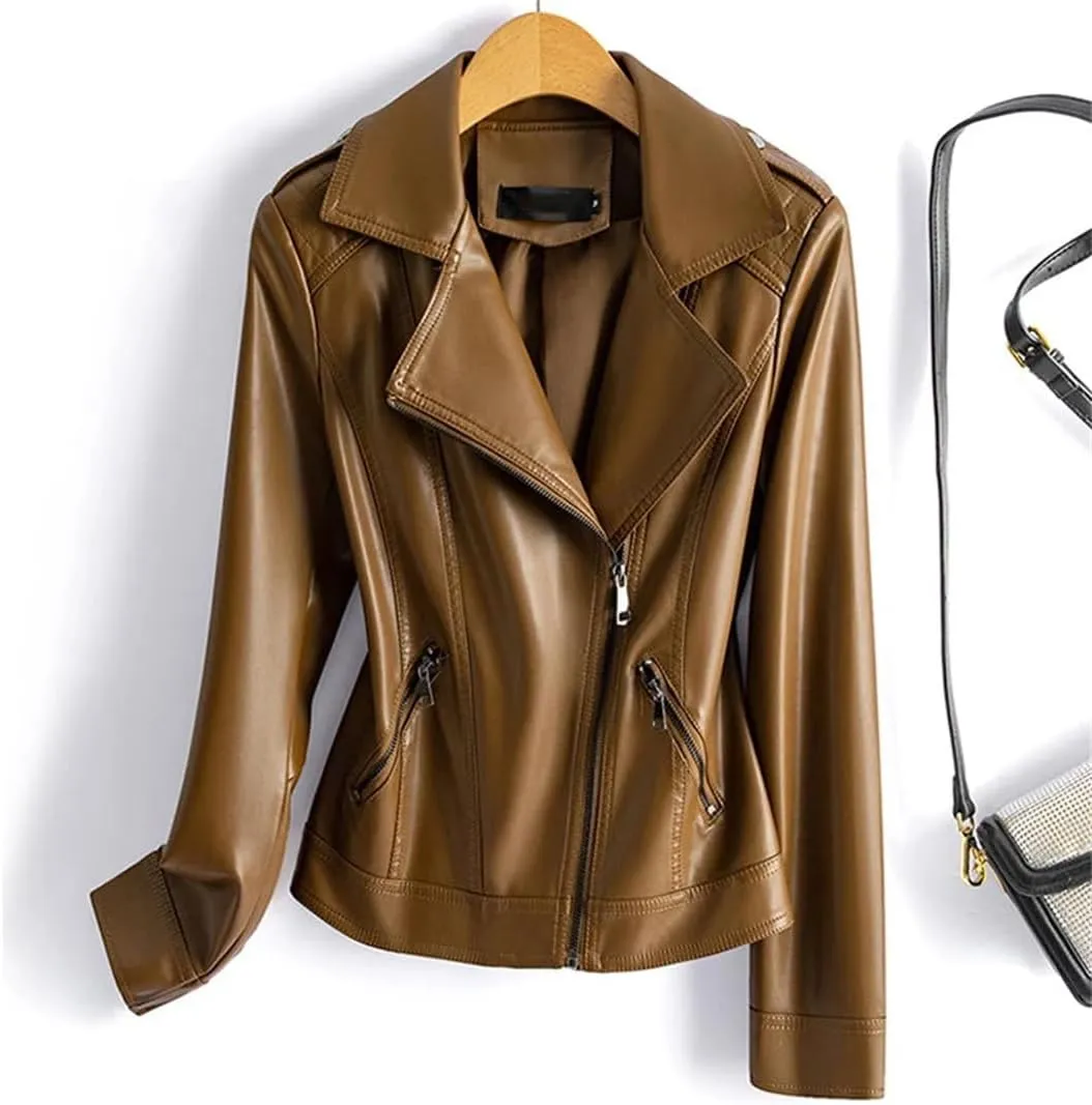 Women Red Split Sheepskin Jackets Zipper Short Full Sleeve Moto Biker Jackets Leather Coats