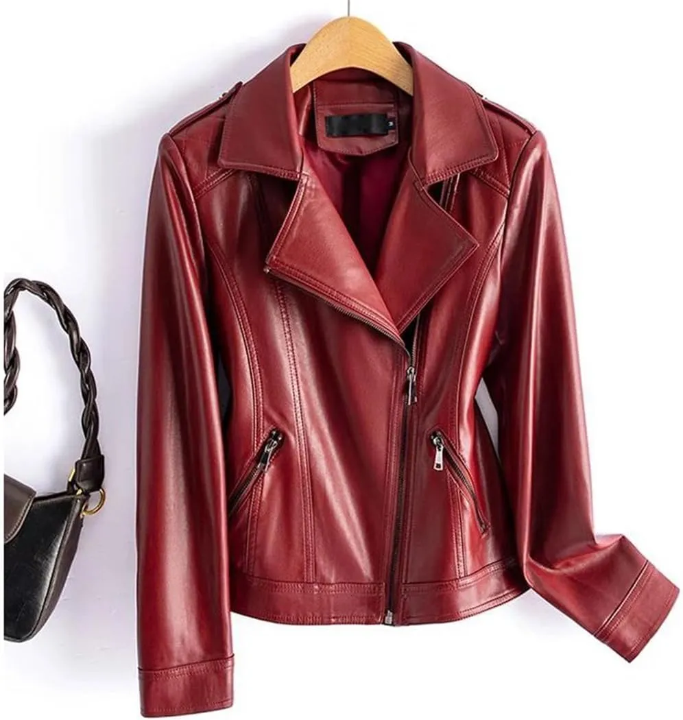 Women Red Split Sheepskin Jackets Zipper Short Full Sleeve Moto Biker Jackets Leather Coats