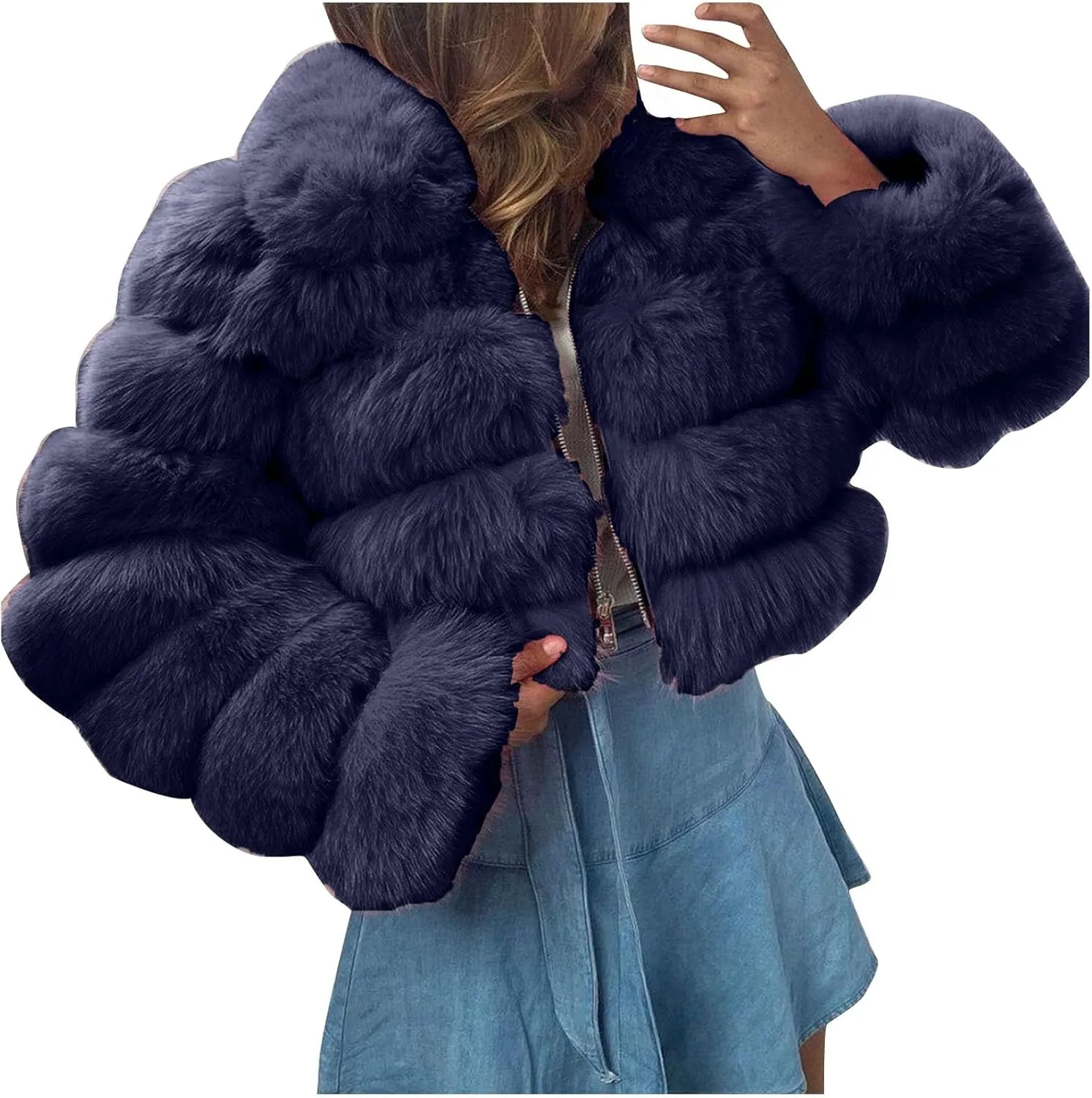 Women Short Faux Fur Coats Hooded Warm Furry Splicing Jacket Elegant Outerwear Fluffy Crop Winter Coat