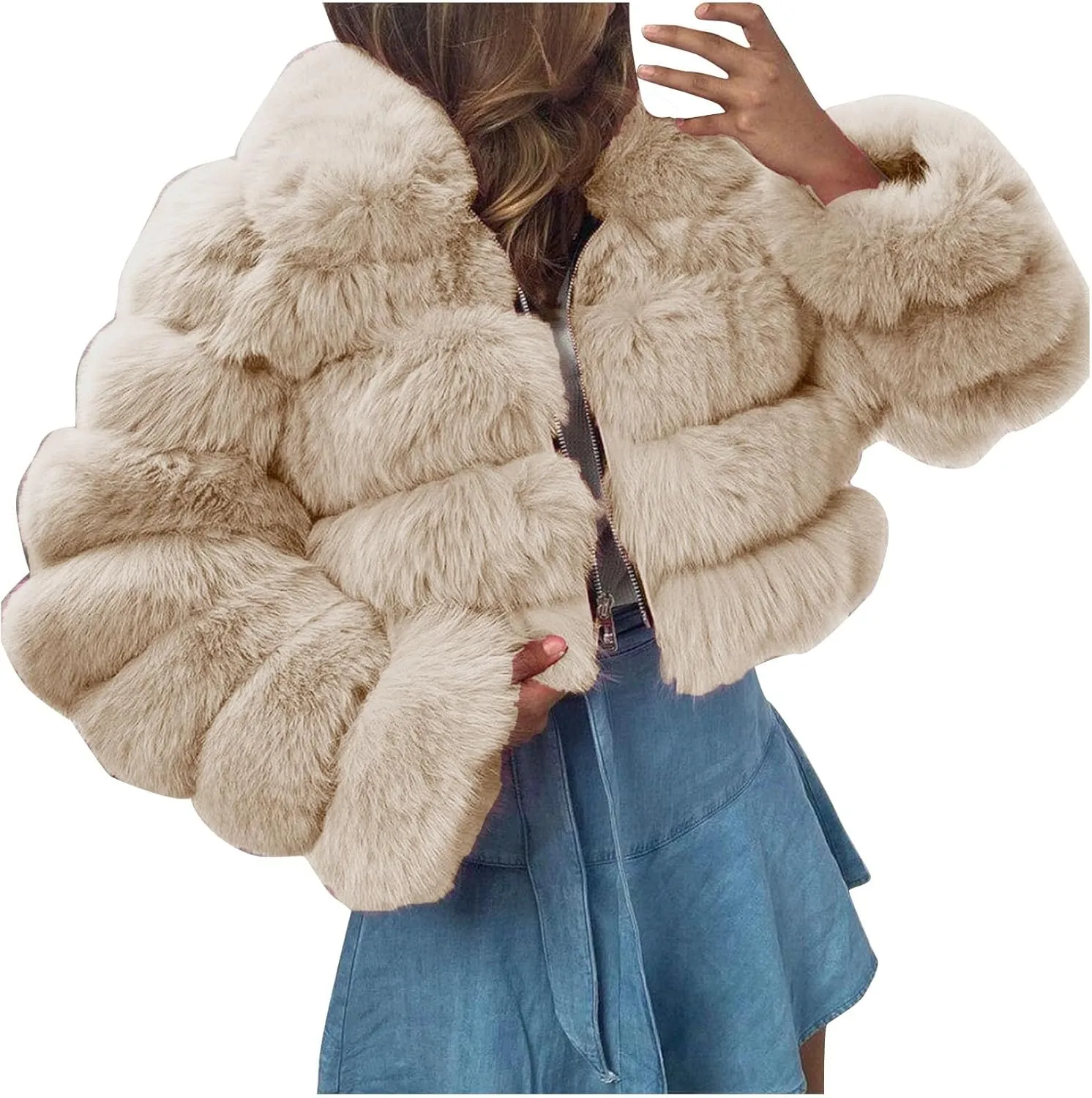 Women Short Faux Fur Coats Hooded Warm Furry Splicing Jacket Elegant Outerwear Fluffy Crop Winter Coat