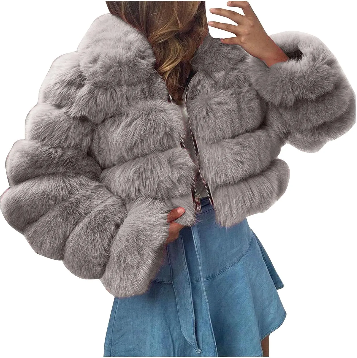 Women Short Faux Fur Coats Hooded Warm Furry Splicing Jacket Elegant Outerwear Fluffy Crop Winter Coat