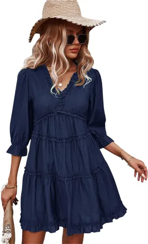 Women Spring Summer Deep V Neck Skirt Casual Ruffle Long Sleeve Floral Print Dress Short Loose Flowy Swing Shift Dresses