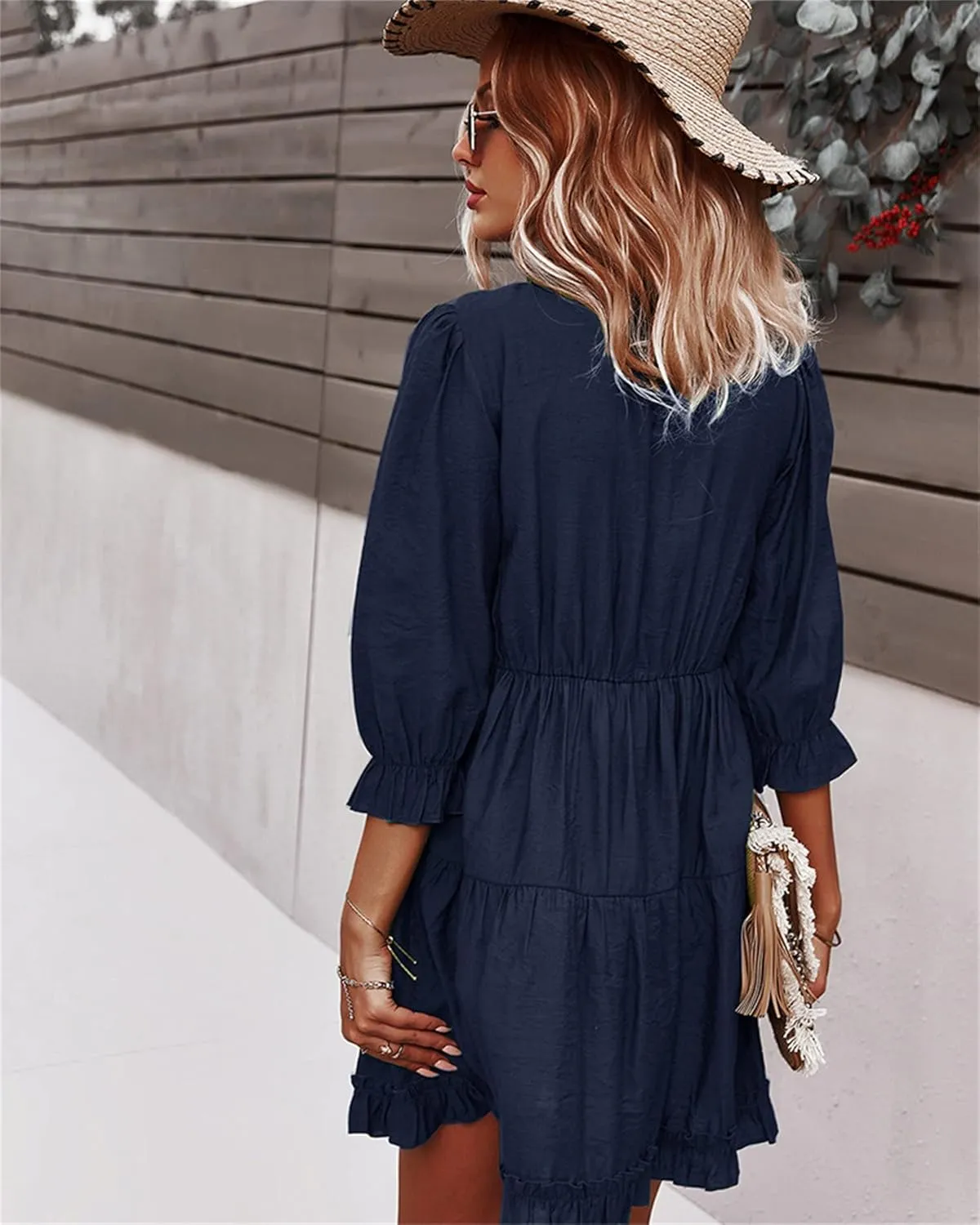Women Spring Summer Deep V Neck Skirt Casual Ruffle Long Sleeve Floral Print Dress Short Loose Flowy Swing Shift Dresses