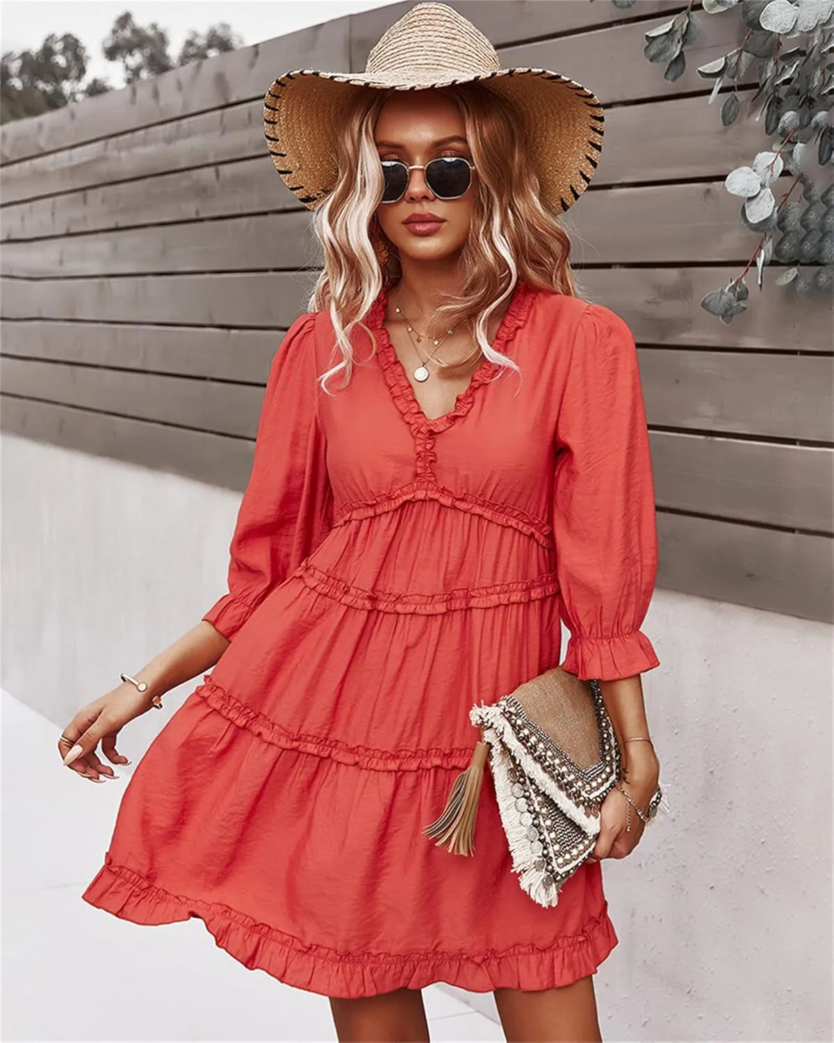 Women Spring Summer Deep V Neck Skirt Casual Ruffle Long Sleeve Floral Print Dress Short Loose Flowy Swing Shift Dresses