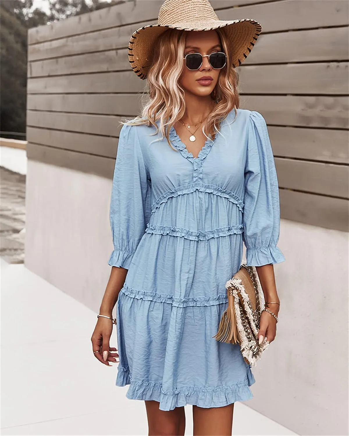 Women Spring Summer Deep V Neck Skirt Casual Ruffle Long Sleeve Floral Print Dress Short Loose Flowy Swing Shift Dresses