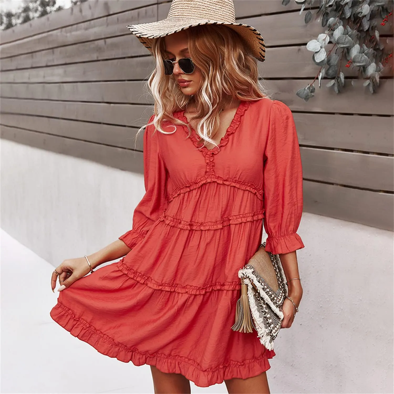 Women Spring Summer Deep V Neck Skirt Casual Ruffle Long Sleeve Floral Print Dress Short Loose Flowy Swing Shift Dresses