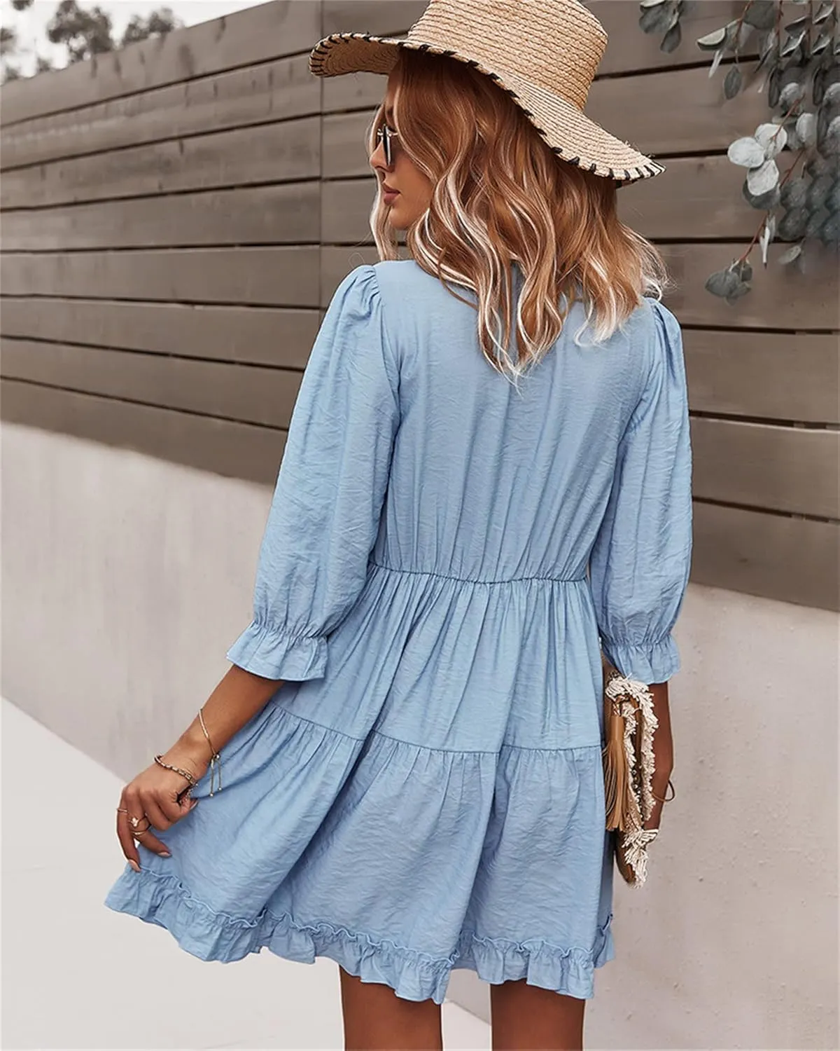 Women Spring Summer Deep V Neck Skirt Casual Ruffle Long Sleeve Floral Print Dress Short Loose Flowy Swing Shift Dresses