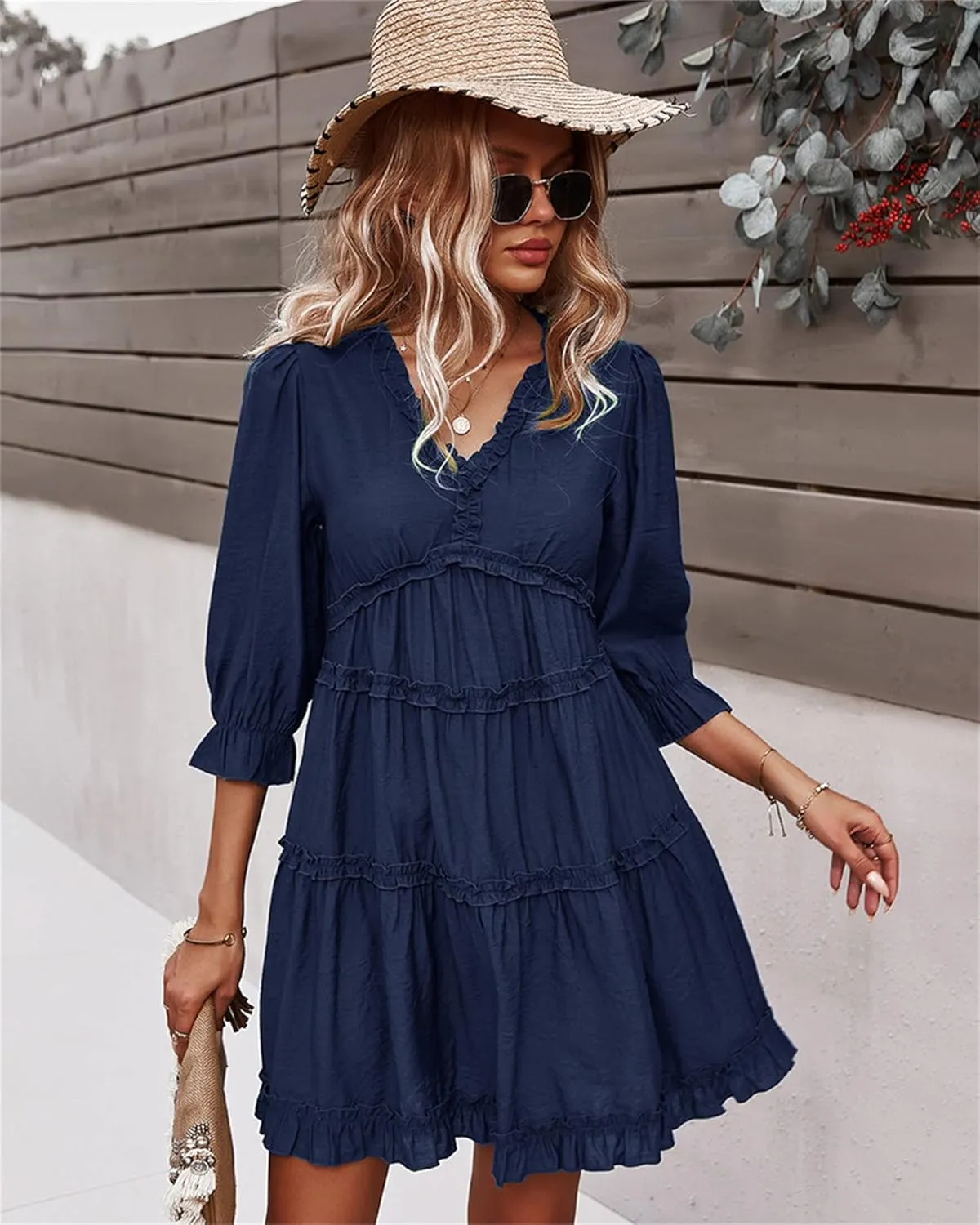 Women Spring Summer Deep V Neck Skirt Casual Ruffle Long Sleeve Floral Print Dress Short Loose Flowy Swing Shift Dresses