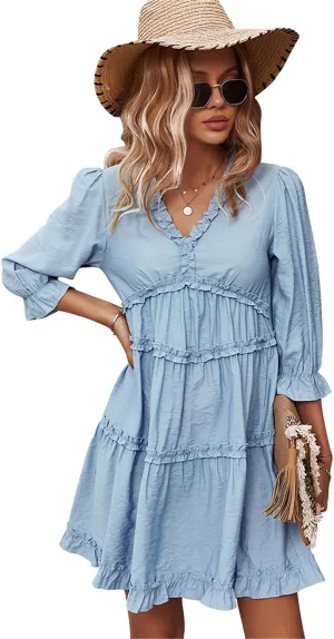 Women Spring Summer Deep V Neck Skirt Casual Ruffle Long Sleeve Floral Print Dress Short Loose Flowy Swing Shift Dresses