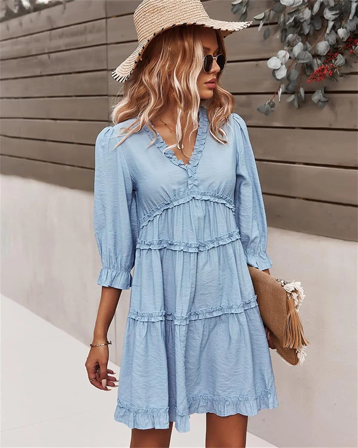 Women Spring Summer Deep V Neck Skirt Casual Ruffle Long Sleeve Floral Print Dress Short Loose Flowy Swing Shift Dresses