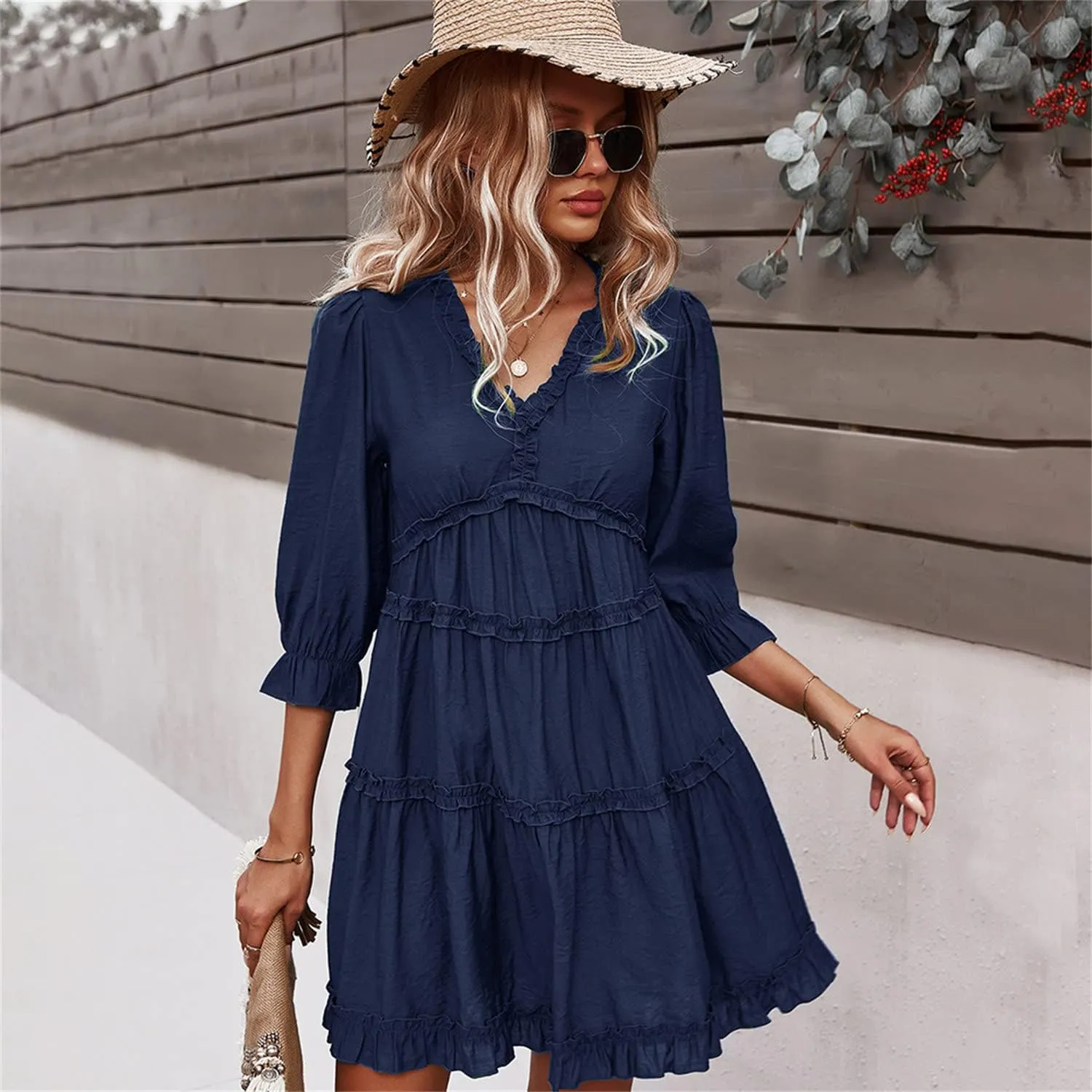 Women Spring Summer Deep V Neck Skirt Casual Ruffle Long Sleeve Floral Print Dress Short Loose Flowy Swing Shift Dresses