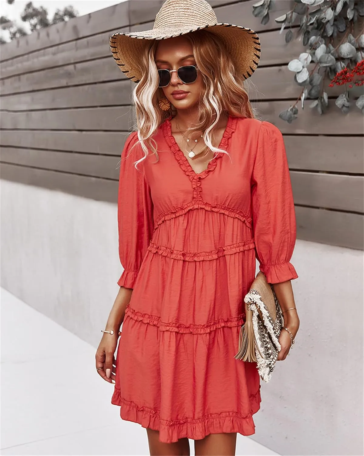 Women Spring Summer Deep V Neck Skirt Casual Ruffle Long Sleeve Floral Print Dress Short Loose Flowy Swing Shift Dresses