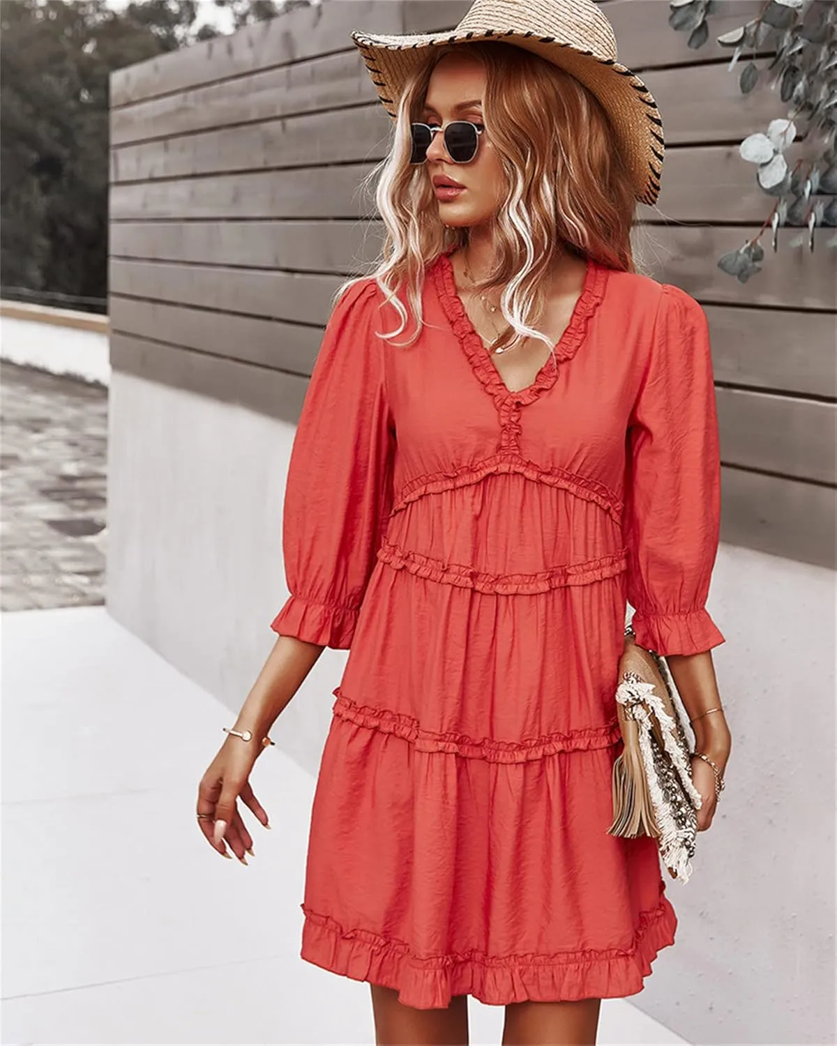 Women Spring Summer Deep V Neck Skirt Casual Ruffle Long Sleeve Floral Print Dress Short Loose Flowy Swing Shift Dresses