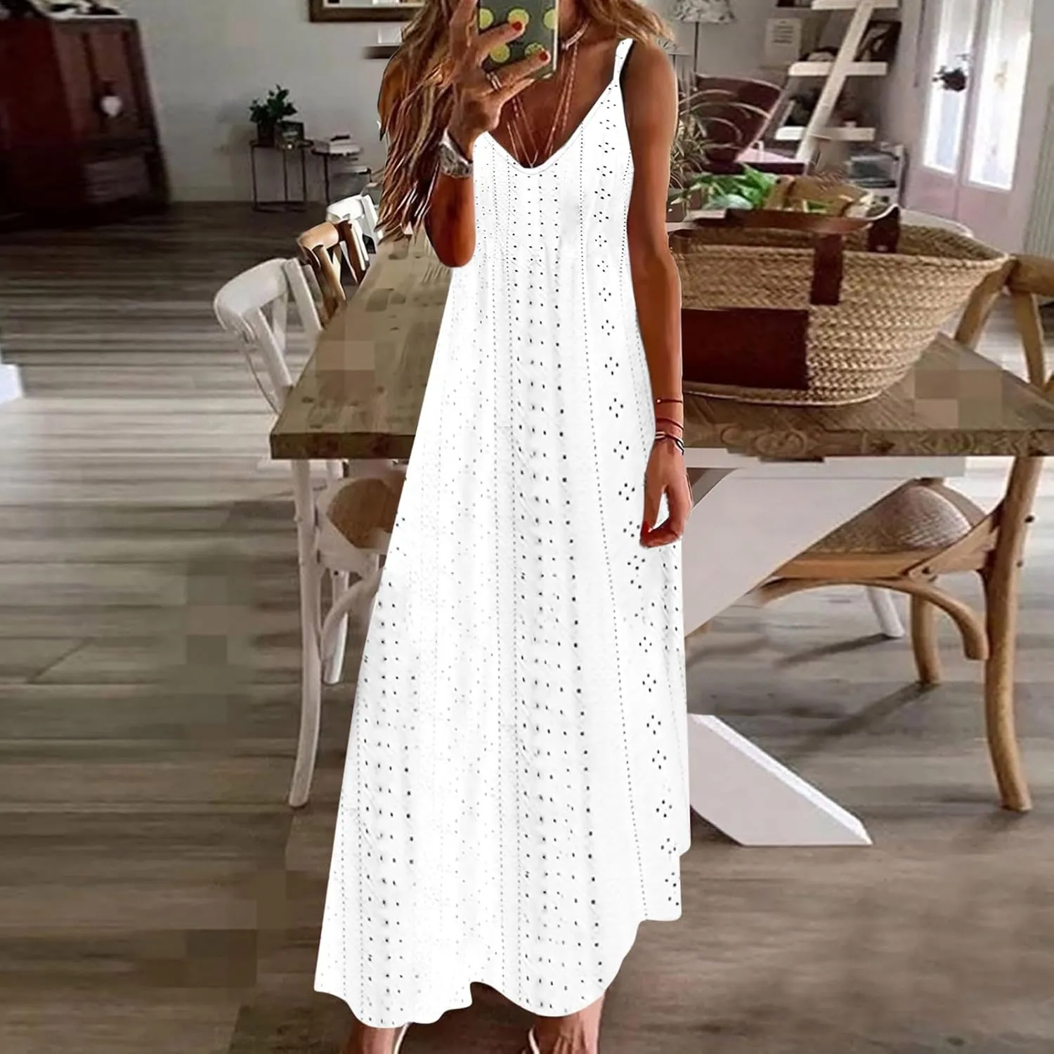 Women Summer 2025 Maxi Dresses Vacation Hollow Out Spaghetti Strap Sundress V Neck Ankle Length Ladies Dress
