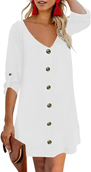 Women Summer Button Down V Neck Dress Casual 3/4 Bell Sleeve Mini Dress Loose Tunic Vintage Flowy Swing Shift Dresses
