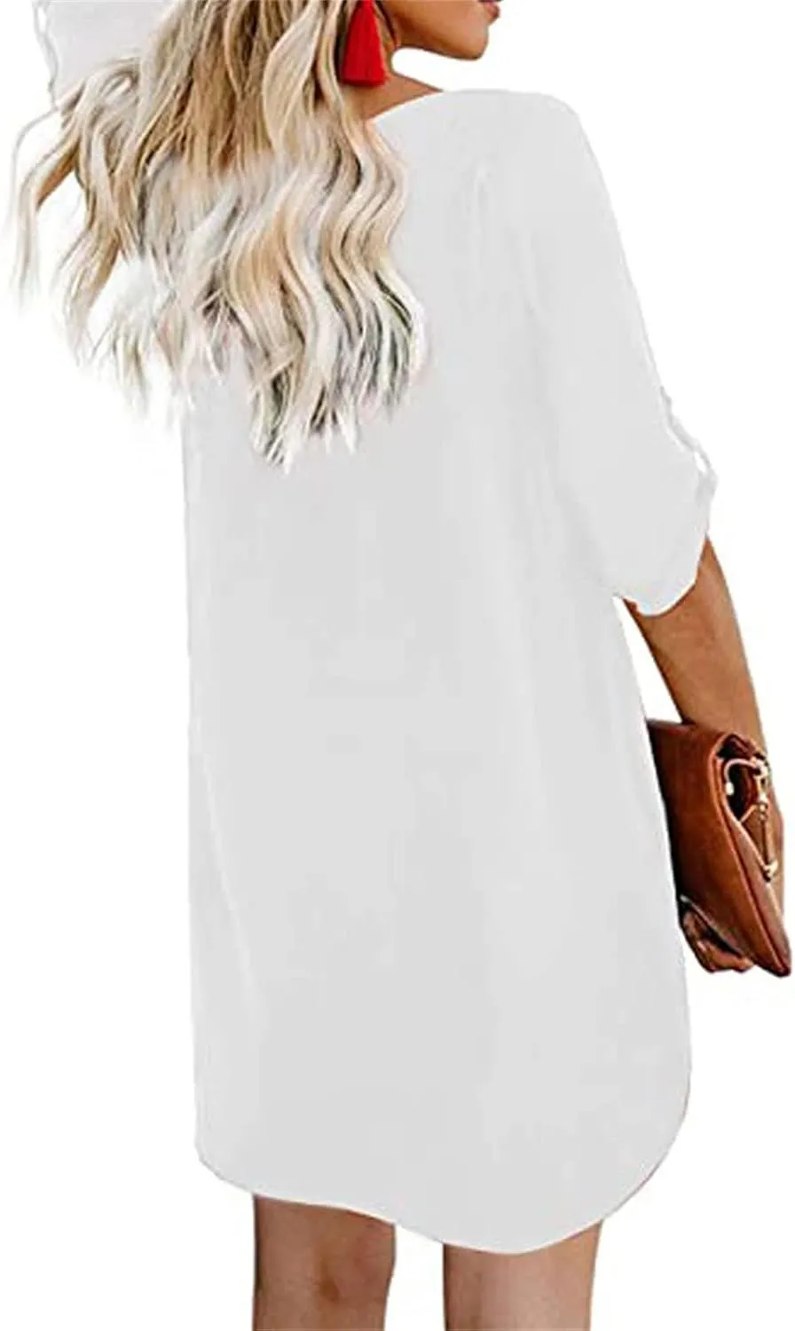 Women Summer Button Down V Neck Dress Casual 3/4 Bell Sleeve Mini Dress Loose Tunic Vintage Flowy Swing Shift Dresses