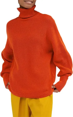 Women Thick Sweaters Oversize Turtleneck Pullover Warm Long Sleeves Vintage Knitted Sweaters Orange L
