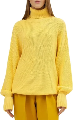 Women Thick Sweaters Oversize Turtleneck Pullover Warm Long Sleeves Vintage Knitted Sweaters Yellow S
