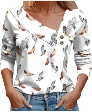 Women Tops Spring 2025 Casual Long Sleeve Loose Shirts Plaid Print Tees Asymmetric Button V Neck Blouses Dressy Tunic